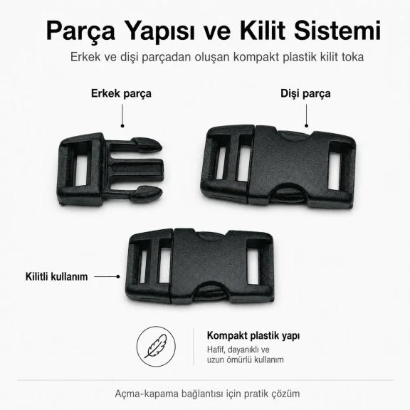 1 cm Geçmeli Plastik Palaska Tokası - Güvenli ve dayanıklı bağlantı elemanı, çanta ve kemer sistemlerinde kullanım için ideal
