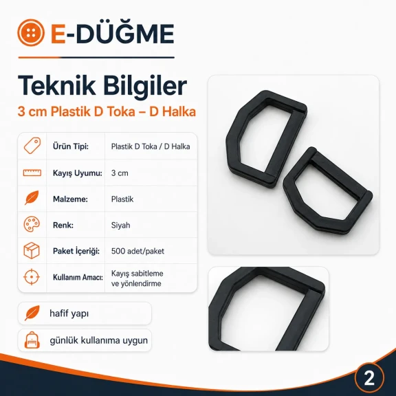 3 cm Plastik D Toka - D Halka, hafif ve dayanıklı plastik malzemeden üretilmiş, çanta ve aksesuar kullanımı için ideal