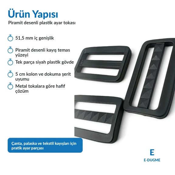 5 cm Dikdörtgen Piramit Desenli Ayar Tokası Plastik - Kemer, çanta kayışı ve sırt çantası askısı için ideal ayar çözümü