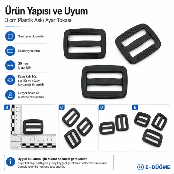 3 cm Dikdörtgen Ayar Tokası Plastik - 5 cm uzunluk, piramit desenli, çanta ve tekstil aksesuarı