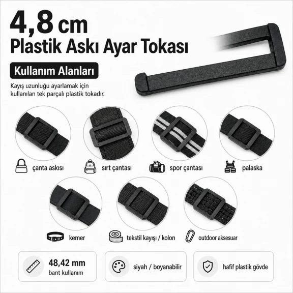 4,8 cm plastik dikdörtgen askı ayar tokası, çanta askısı ve kayış ayarlamak için ideal bağlantı aksesuarı