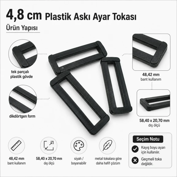 4,8 cm plastik dikdörtgen askı ayar tokası, çanta askısı ve kayış ayarlamak için ideal bağlantı aksesuarı
