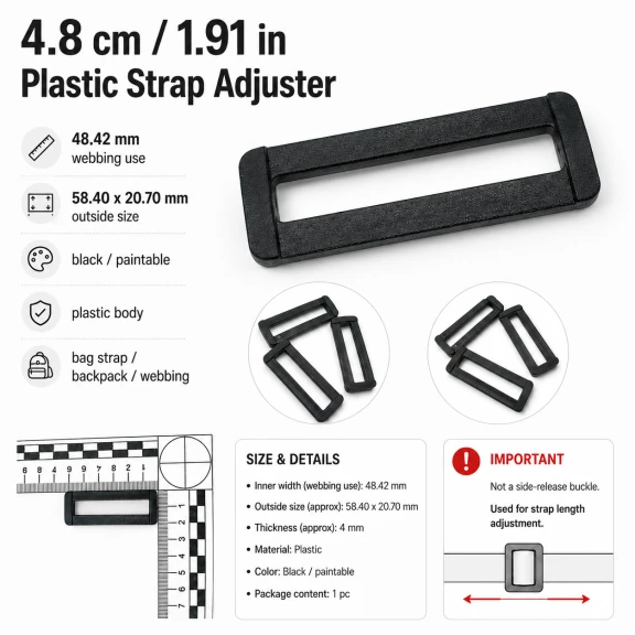 4,8 cm plastik dikdörtgen askı ayar tokası, çanta askısı ve kayış ayarlamak için ideal bağlantı aksesuarı