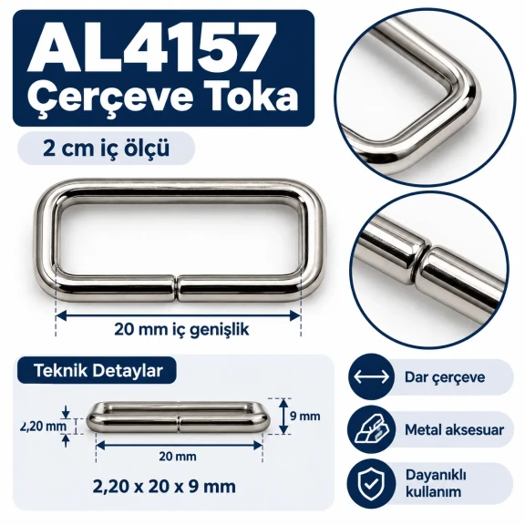 2 cm 20 mm dar çerçeve metal dikdörtgen toka