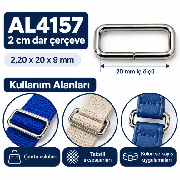 2 cm 20 mm dar çerçeve metal dikdörtgen toka