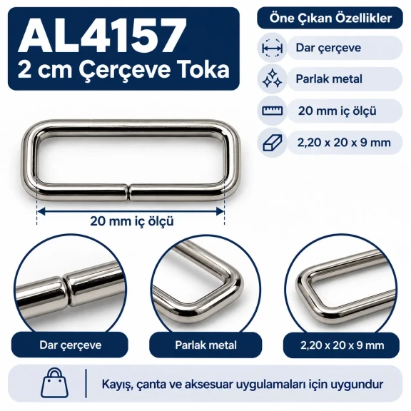 2 cm 20 mm dar çerçeve metal dikdörtgen toka