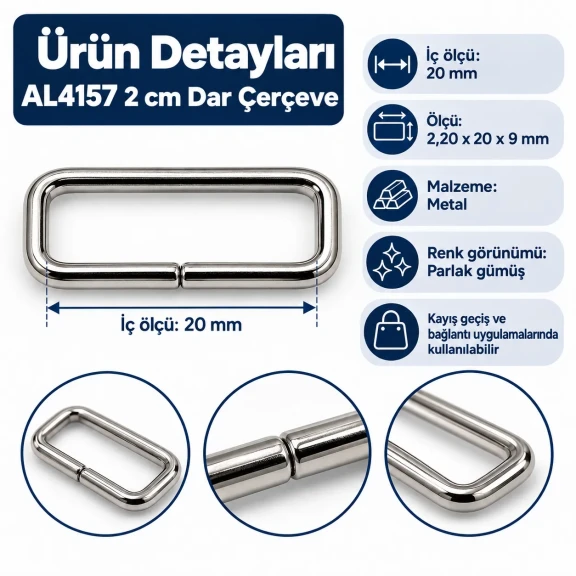 2 cm 20 mm dar çerçeve metal dikdörtgen toka