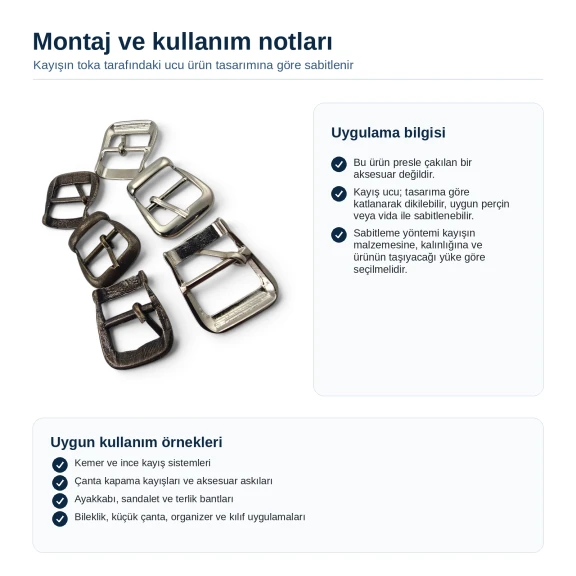 Metal Pin Buckle for Slim Belts, Bag Straps and Footwear Straps, Dimensions: Outside 19 mm x 24 mm, Inside 16 mm