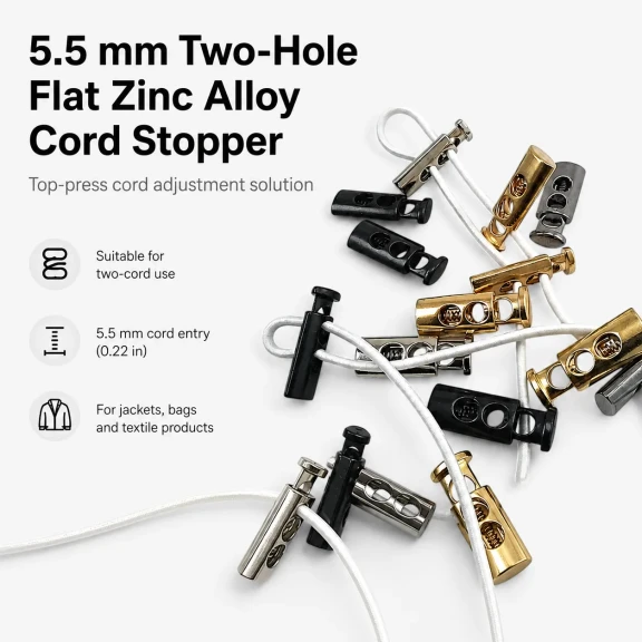 5.5 mm Two-Hole Top-Press Flat Zinc Alloy Cord Stopper E 214, durable zamak material, ideal for furniture manufacturing and