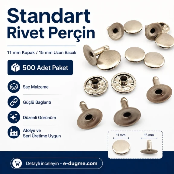 Standart Rivet 11 mm Kapak 15 mm Uzun Bacak Saç Malzeme Perçin - 500 Adet, kalın deri, çanta, kemer, kanvas ve teknik