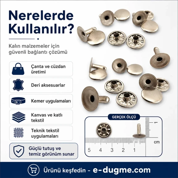Standart Rivet 11 mm Kapak 15 mm Uzun Bacak Saç Malzeme Perçin - 500 Adet, kalın deri, çanta, kemer, kanvas ve teknik