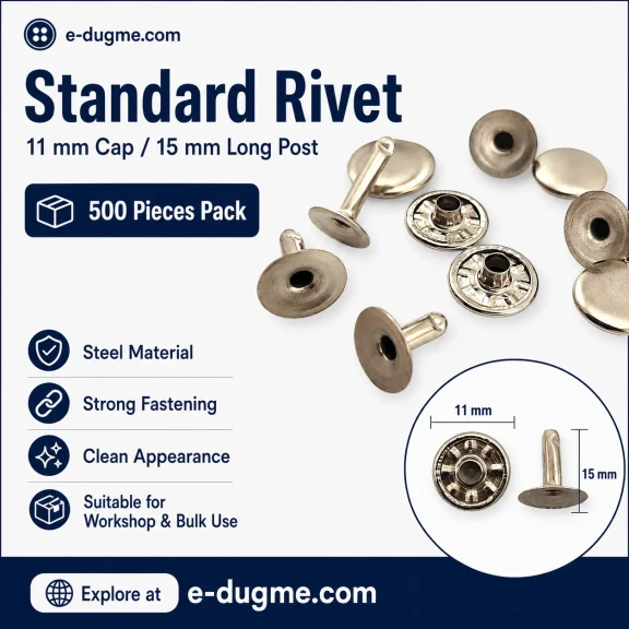 Standart Rivet 11 mm Kapak 15 mm Uzun Bacak Saç Malzeme Perçin - 500 Adet, kalın deri, çanta, kemer, kanvas ve teknik