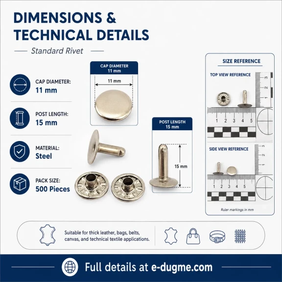 Standart Rivet 11 mm Kapak 15 mm Uzun Bacak Saç Malzeme Perçin - 500 Adet, kalın deri, çanta, kemer, kanvas ve teknik
