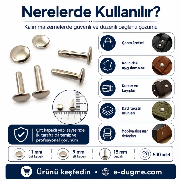 Çift Kapaklı Perçin 11 mm Kapak, 15 mm Uzun Bacak, 9 mm Alt Kapak Saç Malzeme – 500 Adet