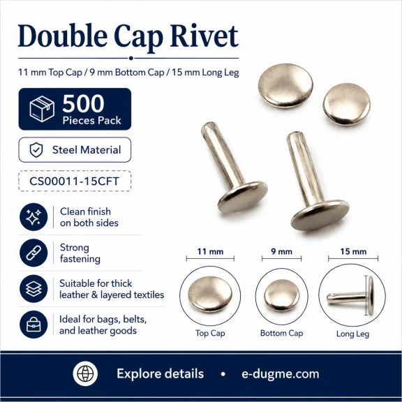 Çift Kapaklı Perçin 11 mm Kapak, 15 mm Uzun Bacak, 9 mm Alt Kapak Saç Malzeme – 500 Adet