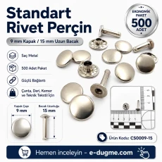 Standart Rivet 9 mm Kapak / 15 mm Uzun Bacak Perçin Saç Malzeme – 500 Adet CS0009-15
