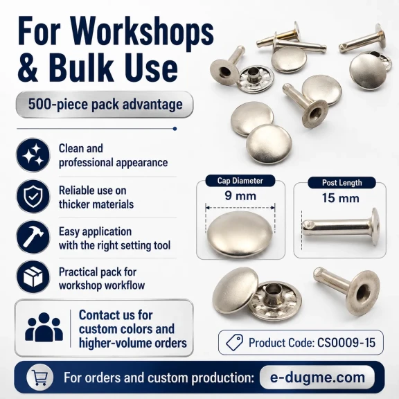 Standart Rivet 9 mm Kapak / 15 mm Uzun Bacak Perçin Saç Malzeme - 500 Adet, kalın deri ve tekstil uygulamaları için güçlü