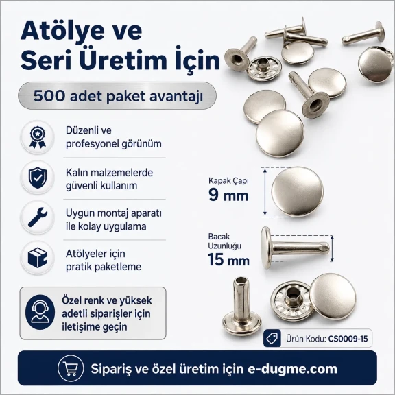 Standart Rivet 9 mm Kapak / 15 mm Uzun Bacak Perçin Saç Malzeme - 500 Adet, kalın deri ve tekstil uygulamaları için güçlü