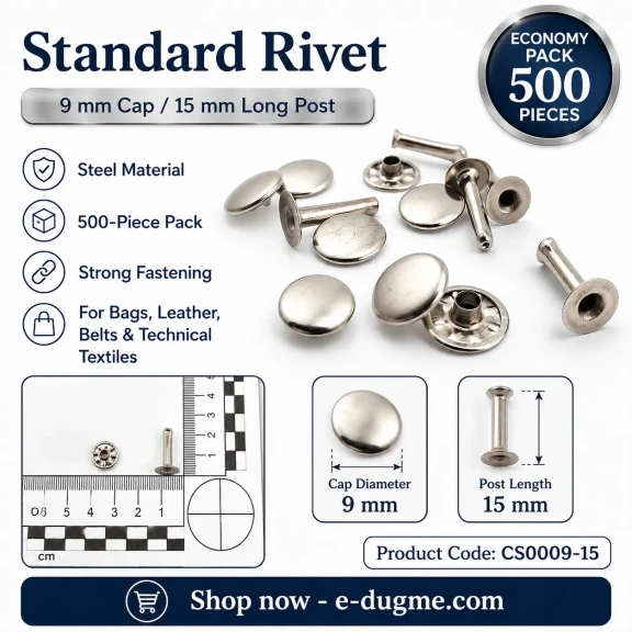 Standart Rivet 9 mm Kapak / 15 mm Uzun Bacak Perçin Saç Malzeme - 500 Adet, kalın deri ve tekstil uygulamaları için güçlü
