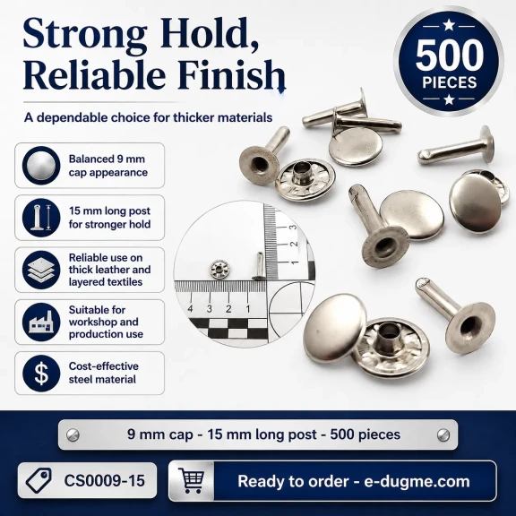 Standart Rivet 9 mm Kapak / 15 mm Uzun Bacak Perçin Saç Malzeme - 500 Adet, kalın deri ve tekstil uygulamaları için güçlü