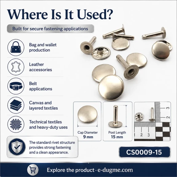 Standart Rivet 9 mm Kapak / 15 mm Uzun Bacak Perçin Saç Malzeme - 500 Adet, kalın deri ve tekstil uygulamaları için güçlü