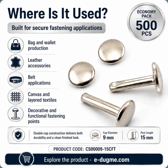Çift Kapaklı Perçin 9 mm Kapak / 15 mm Uzun Bacak Saç Malzeme - 500 Adet, kalın deri, çanta, kemer ve teknik tekstil