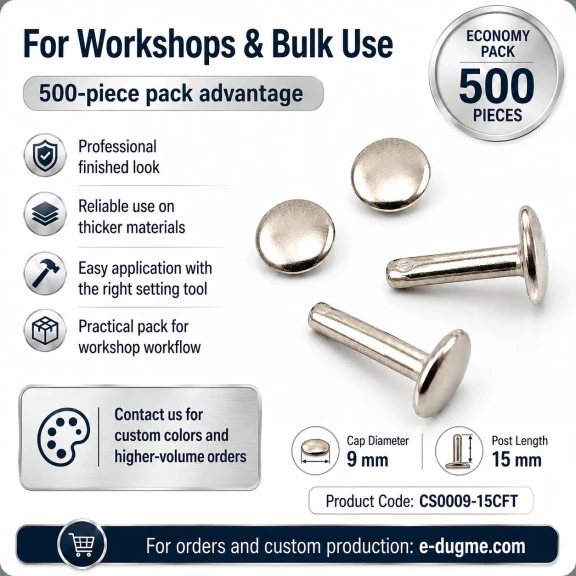 Çift Kapaklı Perçin 9 mm Kapak / 15 mm Uzun Bacak Saç Malzeme - 500 Adet, kalın deri, çanta, kemer ve teknik tekstil