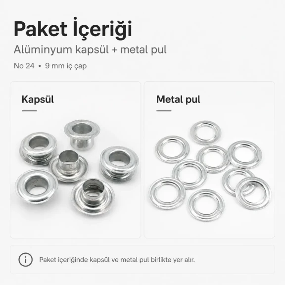 Alüminyum Kuşgözü 9 mm İç Çaplı - No 24, dayanıklı ve paslanmaz yapısıyla çanta, ayakkabı, branda ve tekstil uygulamalarında