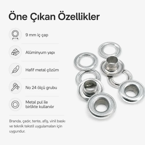 Alüminyum Kuşgözü 9 mm İç Çaplı - No 24, dayanıklı ve paslanmaz yapısıyla çanta, ayakkabı, branda ve tekstil uygulamalarında