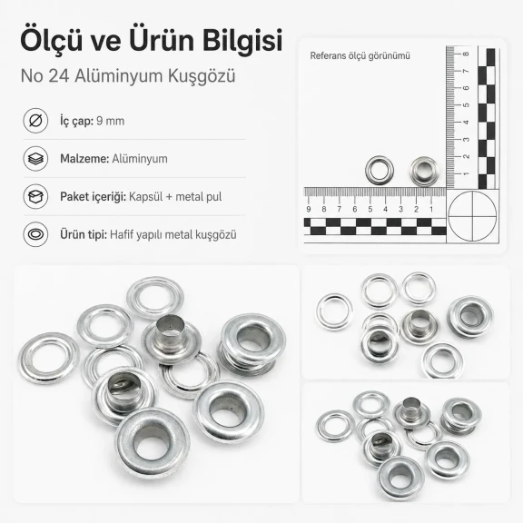 Alüminyum Kuşgözü 9 mm İç Çaplı - No 24, dayanıklı ve paslanmaz yapısıyla çanta, ayakkabı, branda ve tekstil uygulamalarında