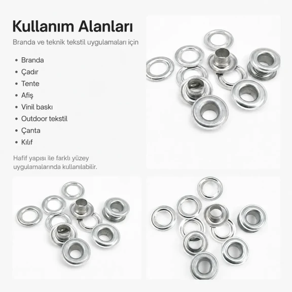Alüminyum Kuşgözü 9 mm İç Çaplı - No 24, dayanıklı ve paslanmaz yapısıyla çanta, ayakkabı, branda ve tekstil uygulamalarında