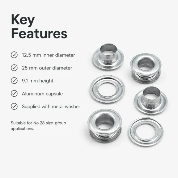Kuşgözü Alüminyum 12,5 mm İç Çaplı - No 28, çadır, branda, çanta ve tekstil uygulamaları için ideal çözüm