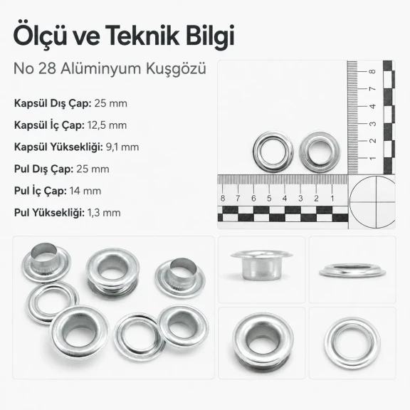 Kuşgözü Alüminyum 12,5 mm İç Çaplı - No 28, çadır, branda, çanta ve tekstil uygulamaları için ideal çözüm