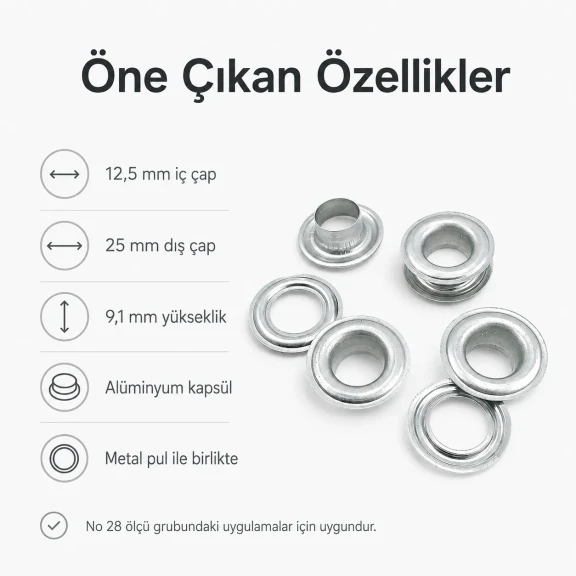Kuşgözü Alüminyum 12,5 mm İç Çaplı - No 28, çadır, branda, çanta ve tekstil uygulamaları için ideal çözüm