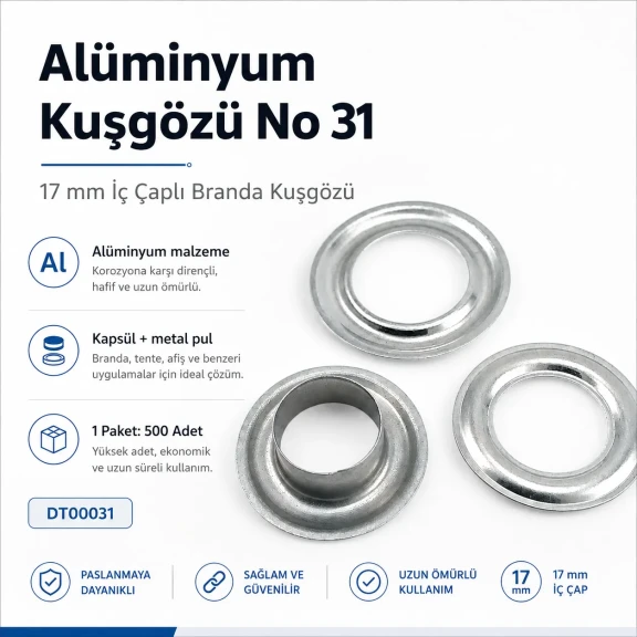 Alüminyum Kuşgözü 17 mm İç Çaplı - No 31 Branda Kuşgözü, hafif ve dayanıklı yapısıyla büyük açıklıklara uygun, paslanmaz