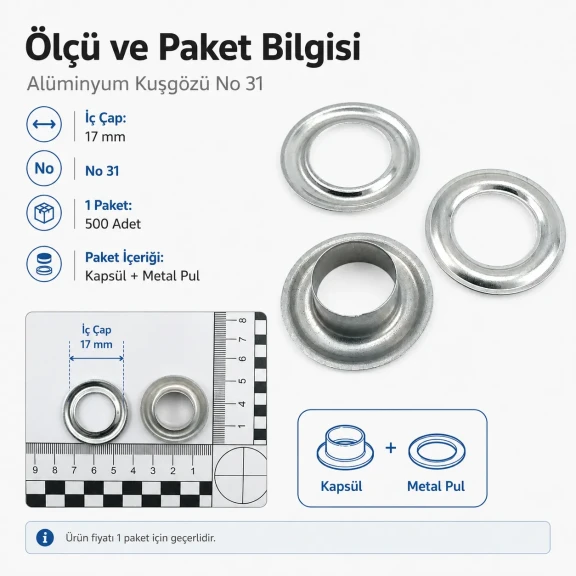 Alüminyum Kuşgözü 17 mm İç Çaplı - No 31 Branda Kuşgözü, hafif ve dayanıklı yapısıyla büyük açıklıklara uygun, paslanmaz