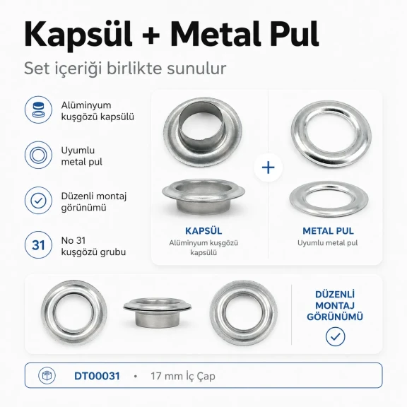 Alüminyum Kuşgözü 17 mm İç Çaplı - No 31 Branda Kuşgözü, hafif ve dayanıklı yapısıyla büyük açıklıklara uygun, paslanmaz