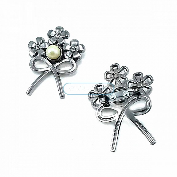 Flower Bunch Bow Type Silver Color Brooch BRS0020