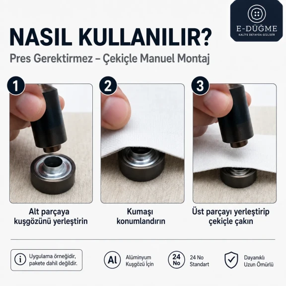 24 No Alüminyum Kuşgözü Elde Vurma Kalıbı 9 mm Delme ve Çakma Aparatı, branda ve kumaş uygulamaları için pratik delme aparatı