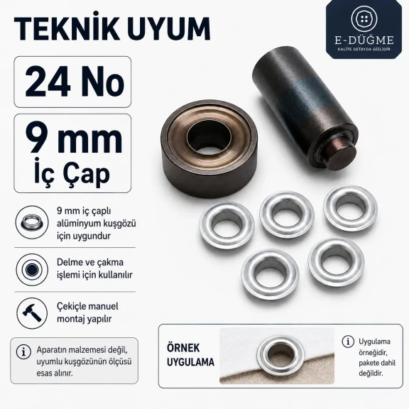 24 No Alüminyum Kuşgözü Elde Vurma Kalıbı 9 mm Delme ve Çakma Aparatı, branda ve kumaş uygulamaları için pratik delme aparatı