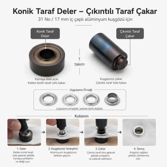31 No Alüminyum Kuşgözü Elde Vurma Kalıbı 17 mm Delme ve Çakma Aparatı - Pratik kullanım için alüminyum malzeme ile