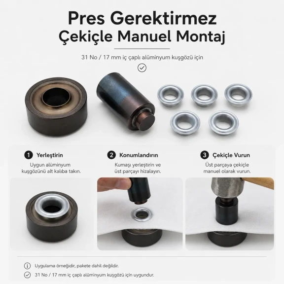 31 No Alüminyum Kuşgözü Elde Vurma Kalıbı 17 mm Delme ve Çakma Aparatı - Pratik kullanım için alüminyum malzeme ile