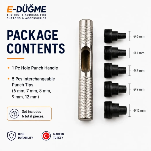 Delik Delme Kalıbı Punch Set 6 mm 7 mm 8 mm 9 mm 12 mm - E-Düğme Tekstil Aksesuarları