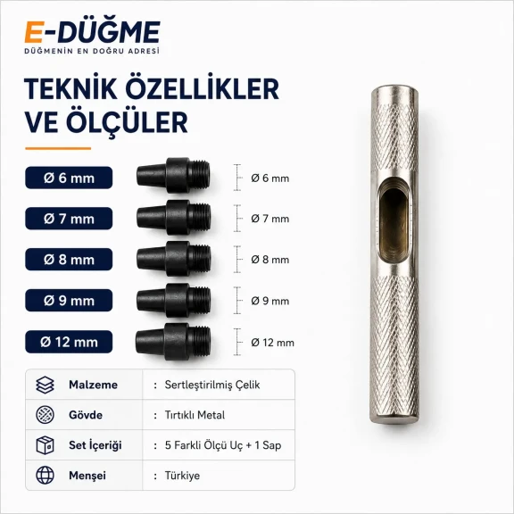 Delik Delme Kalıbı Punch Set 6 mm 7 mm 8 mm 9 mm 12 mm - E-Düğme Tekstil Aksesuarları