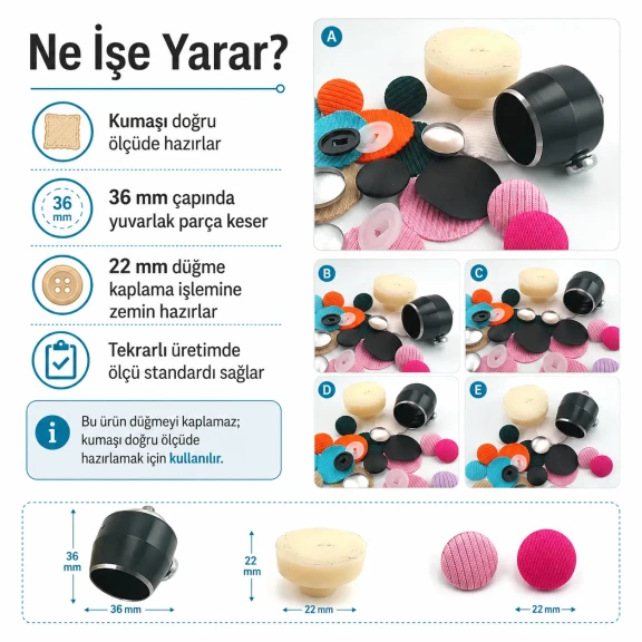 36 Boy 22 mm Kumaş Kaplama Kumaş Kesim Kalıbı, kumaş düğme kaplama işlemleri için ideal kesim aparatı