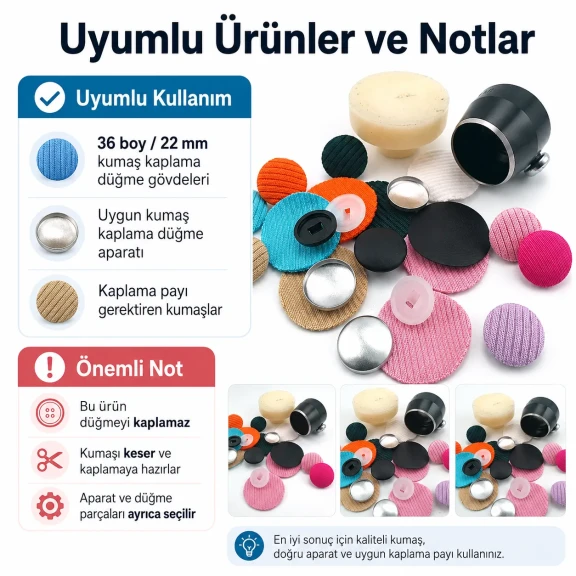 36 Boy 22 mm Kumaş Kaplama Kumaş Kesim Kalıbı, kumaş düğme kaplama işlemleri için ideal kesim aparatı