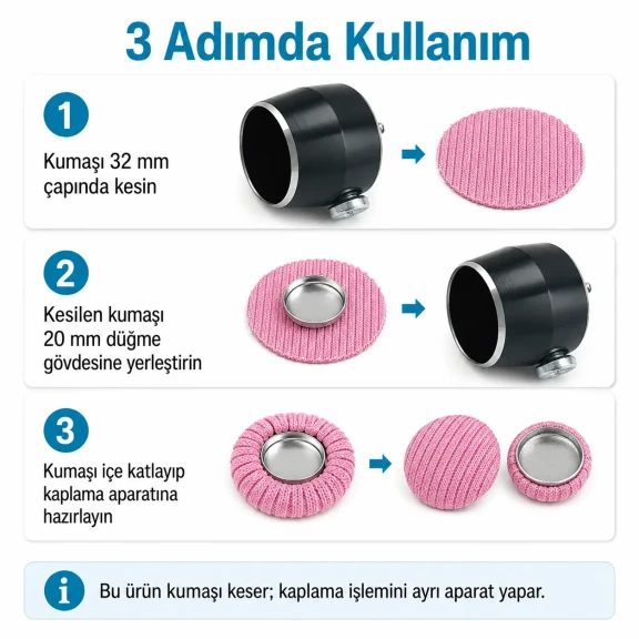 32 boy 20 mm kumaş kaplama kumaş kesim kalıbı, düğme kaplama için doğru ölçüde kumaş kesimi sağlar