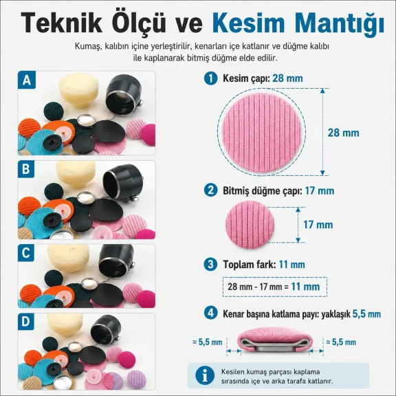28 boy 17 mm kumaş kaplama kumaş kesim kalıbı, düğme üretiminde kumaşın doğru ölçüde kesilmesi için ideal yardımcı ekipman