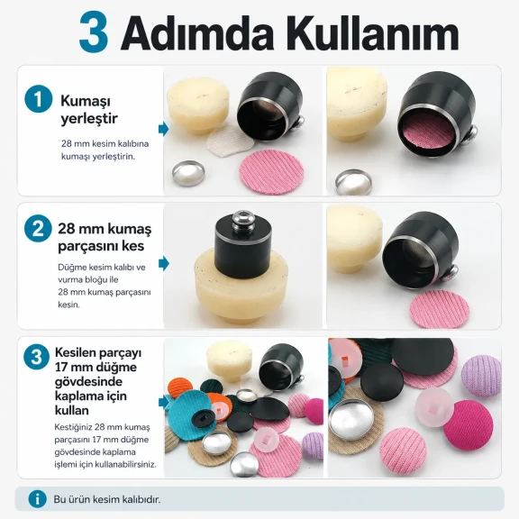 28 boy 17 mm kumaş kaplama kumaş kesim kalıbı, düğme üretiminde kumaşın doğru ölçüde kesilmesi için ideal yardımcı ekipman