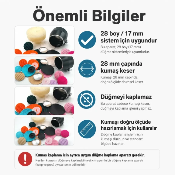 28 boy 17 mm kumaş kaplama kumaş kesim kalıbı, düğme üretiminde kumaşın doğru ölçüde kesilmesi için ideal yardımcı ekipman